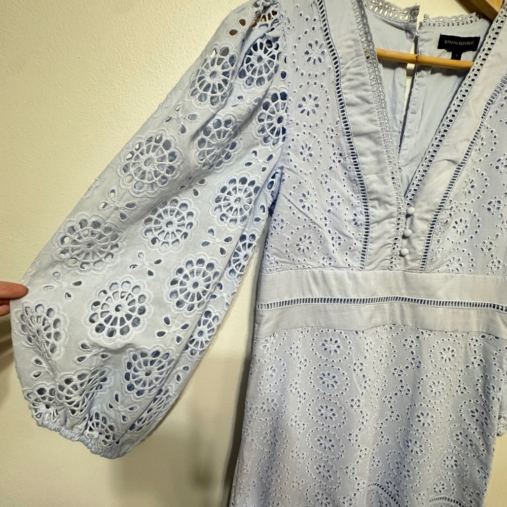 Banana Republic Eyelet Lace Puff Sleeve Mini Dress Womens 6 Preppy Cottage Party - Picture 7 of 13